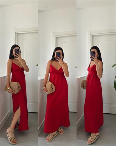 Helen Kırmızı Müslin Askıları Ayarlanabilir Elbise