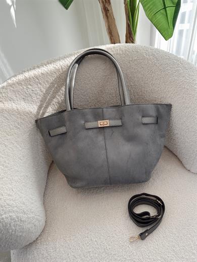 Helena Gri Süet Model El Ve Kadın Omuz Çantası