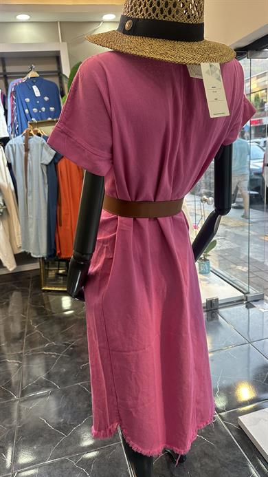 Henda Fuşya Kemer Detaylı V Yaka Elbise