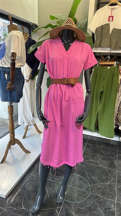 Henda Fuşya Kemer Detaylı V Yaka Elbise