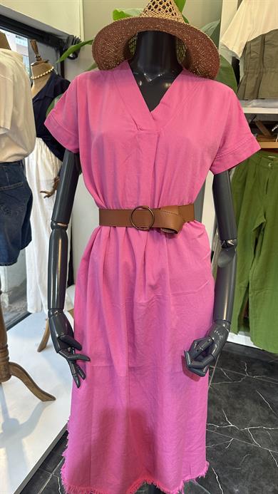 Henda Fuşya Kemer Detaylı V Yaka Elbise