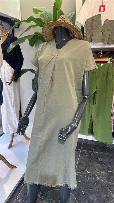 Henda Haki Kemer Detaylı V Yaka Elbise