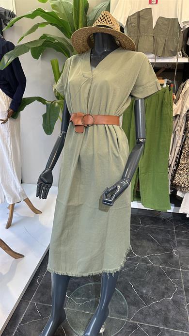 Henda Haki Kemer Detaylı V Yaka Elbise