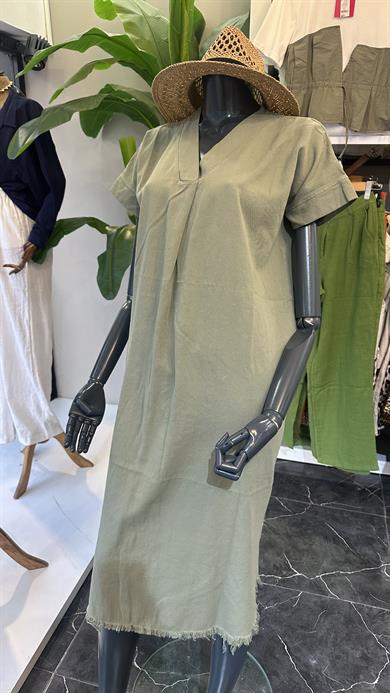 Henda Haki Kemer Detaylı V Yaka Elbise