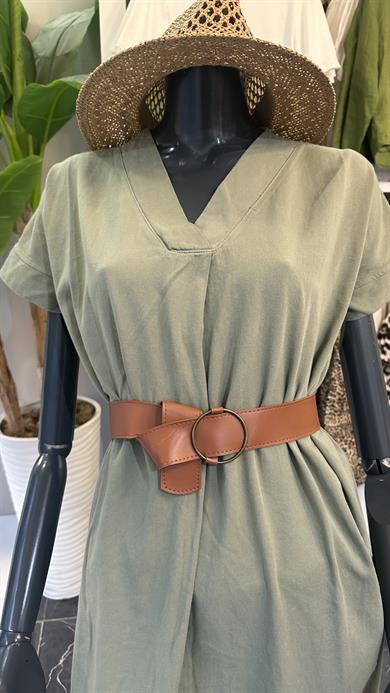 Henda Haki Kemer Detaylı V Yaka Elbise