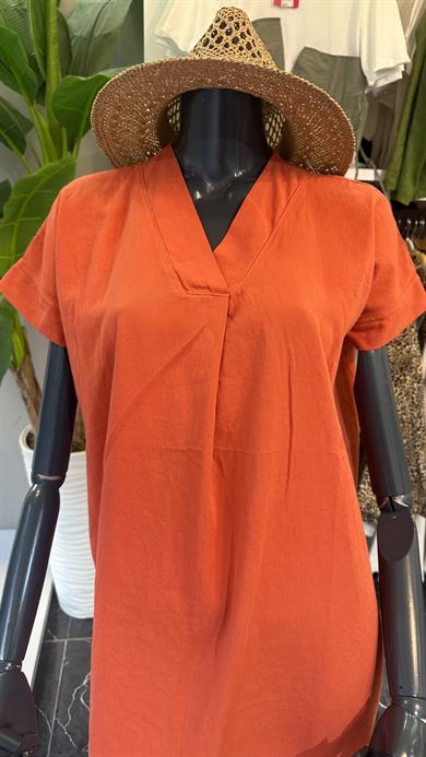 Henda Oranj Kemer Detaylı V Yaka Elbise
