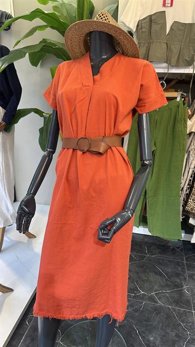 Henda Oranj Kemer Detaylı V Yaka Elbise