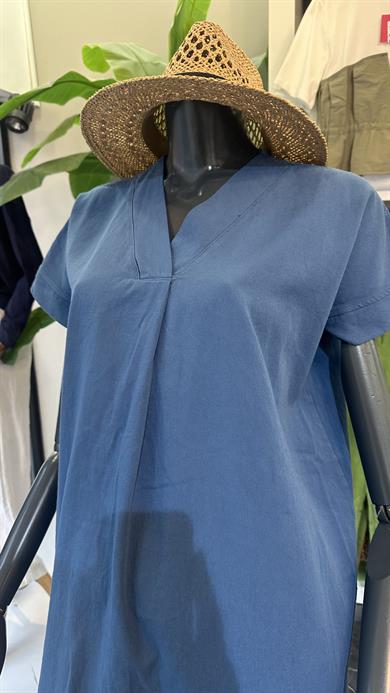 Henda Saks Kemer Detaylı V Yaka Elbise