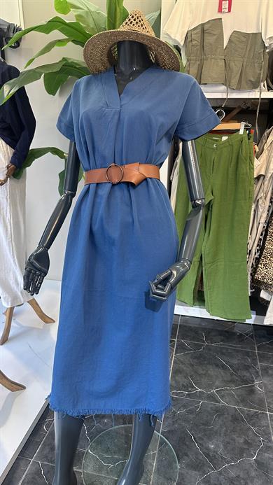 Henda Saks Kemer Detaylı V Yaka Elbise