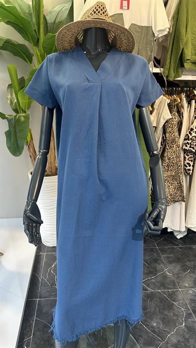 Henda Saks Kemer Detaylı V Yaka Elbise