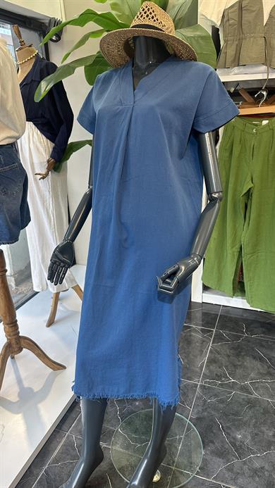 Henda Saks Kemer Detaylı V Yaka Elbise