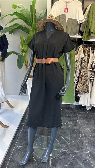 Henda Siyah Kemer Detaylı V Yaka Elbise