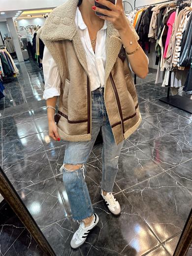 İçi Kürklü Deri Detaylı Vizon Yelek