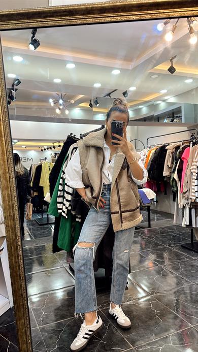 İçi Kürklü Deri Detaylı Vizon Yelek