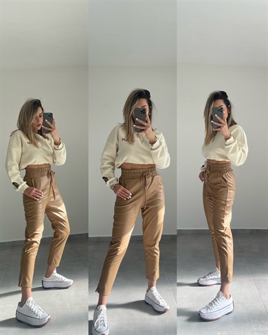 İçi Şardonlu Bej Deri Pantolon