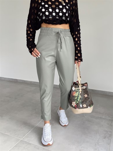 İçi Şardonlu Küf Yeşili Deri Pantolon