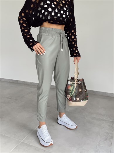 İçi Şardonlu Küf Yeşili Deri Pantolon