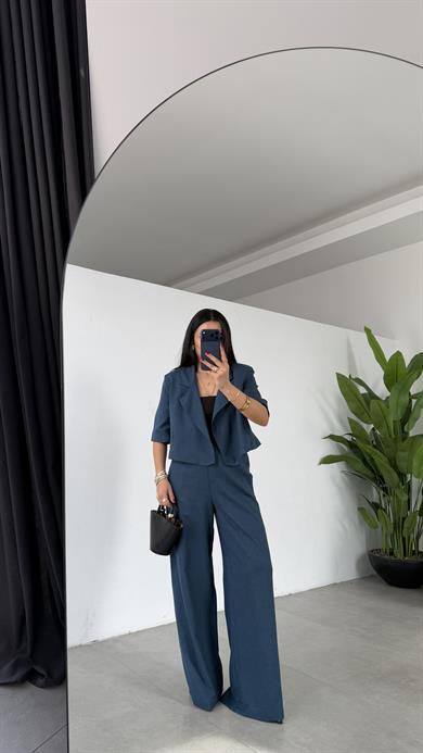 İndigo Bağcıklı Keten Karışımlı Pantolon