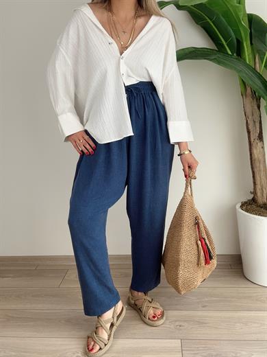 İndigo Beli Lastikli Keten Pantolon