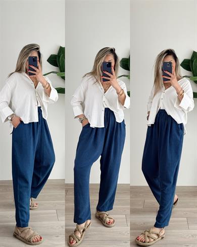 İndigo Beli Lastikli Keten Pantolon