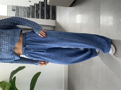 İndigo Beli Lastikli Yıkamalı Pantolon