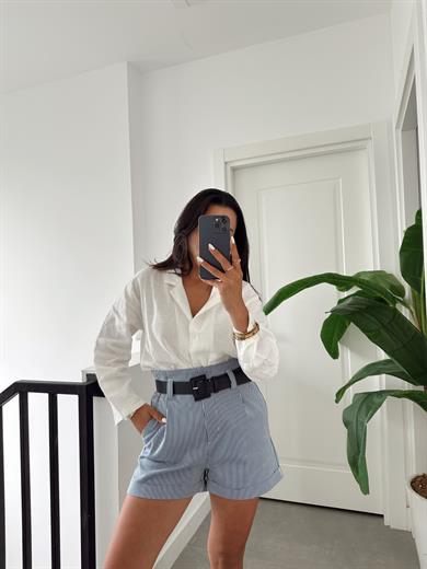 İndigo Çizgili Beli Lastikli Kemerli Şort