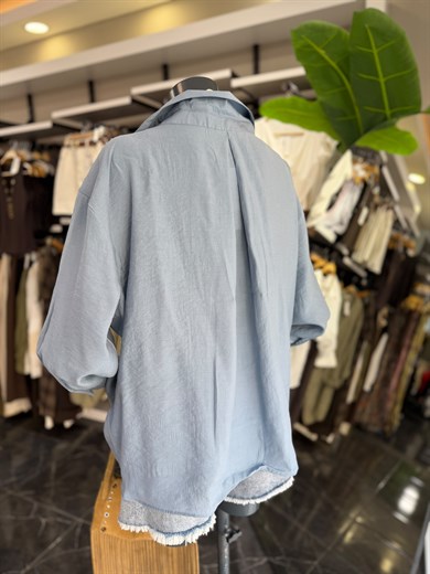 İndigo Düşük Omuz Oversize Gömlek