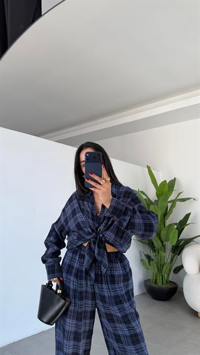 İndigo Ekose Desenli Oversize Gömlek