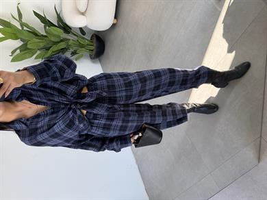 İndigo Ekose Desenli Oversize Gömlek