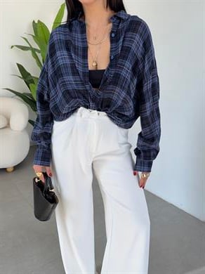 İndigo Ekose Desenli Oversize Gömlek