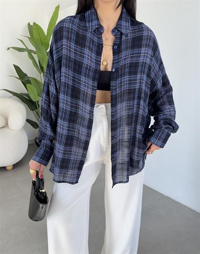 İndigo Ekose Desenli Oversize Gömlek