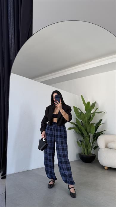 İndigo Kareli Balon Pantolon