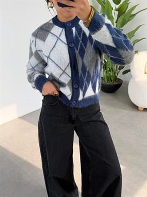 İndigo-Kemik Baklava Desen Hırka