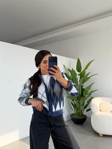 İndigo-Kemik Baklava Desen Hırka