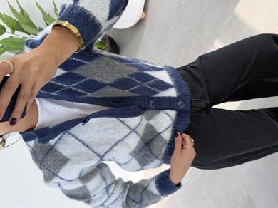 İndigo-Kemik Baklava Desen Hırka