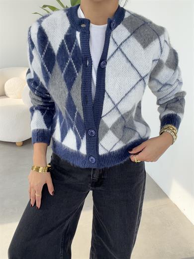 İndigo-Kemik Baklava Desen Hırka