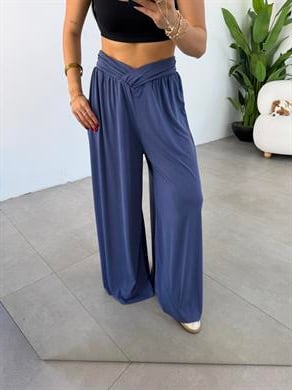 Comfort İndigo Kruvaze Bel Detaylı Modal Bol Paça Pantolon