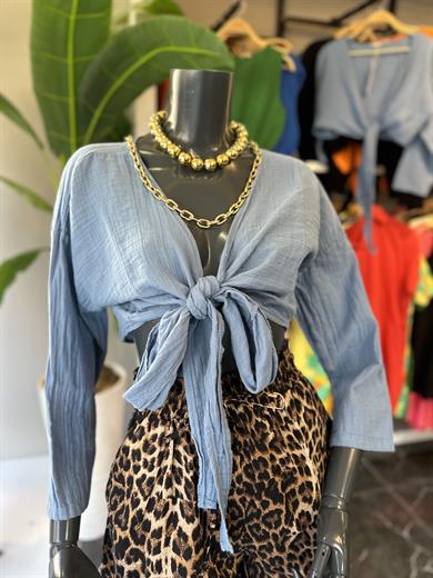 İndigo  Ön Bağlamalı Müslin Bluz