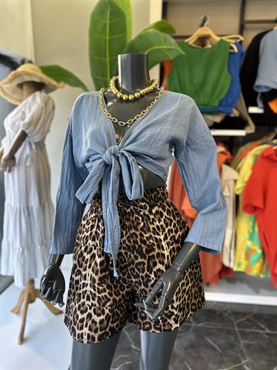 İndigo  Ön Bağlamalı Müslin Bluz