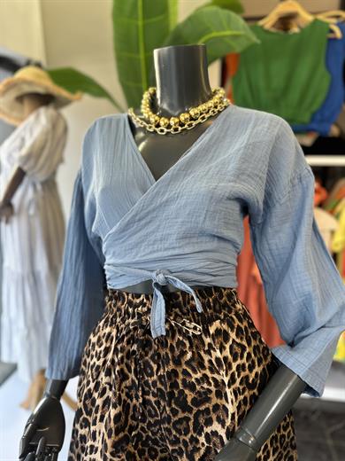 İndigo  Ön Bağlamalı Müslin Bluz