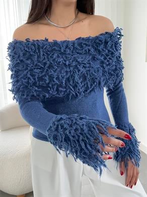 İndigo Püsküllü Madonna Yaka Triko Kazak