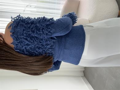 İndigo Püsküllü Madonna Yaka Triko Kazak