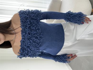 İndigo Püsküllü Madonna Yaka Triko Kazak