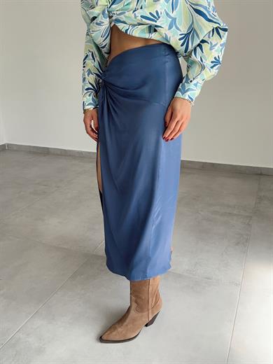 İndigo Saten Yırtmaç Detay Etek