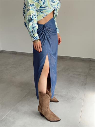 İndigo Saten Yırtmaç Detay Etek