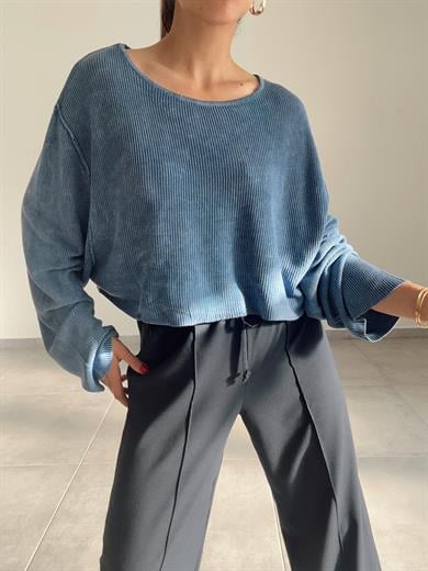 İndigo Soluk Efektli Triko Kazak