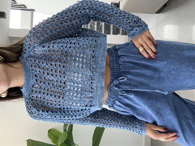 İndigo Soluk Efektli Triko Kazak