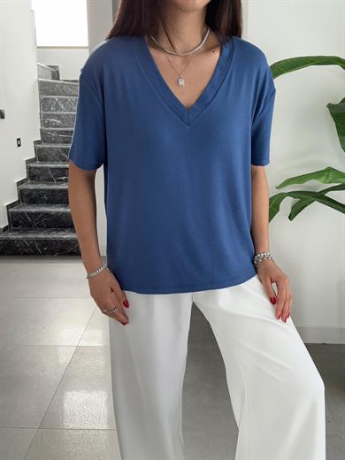 İndigo V Yaka  Basic Tişört