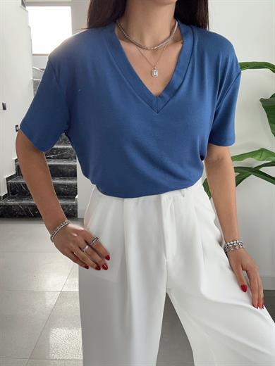 İndigo V Yaka  Basic Tişört