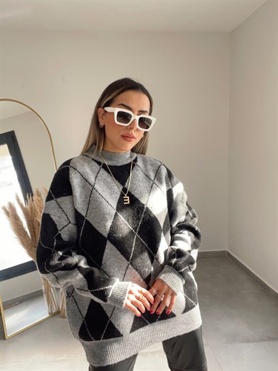 İpek Baklava Kazak Siyah-Gri